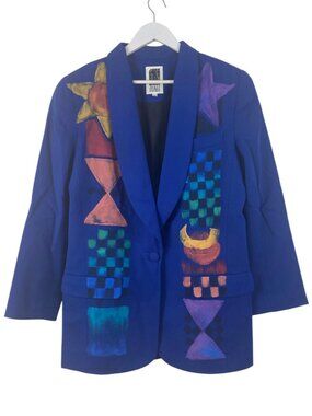 Vintage 80s Jacket Required Hand Painted Wool Blazer M Celestial Art